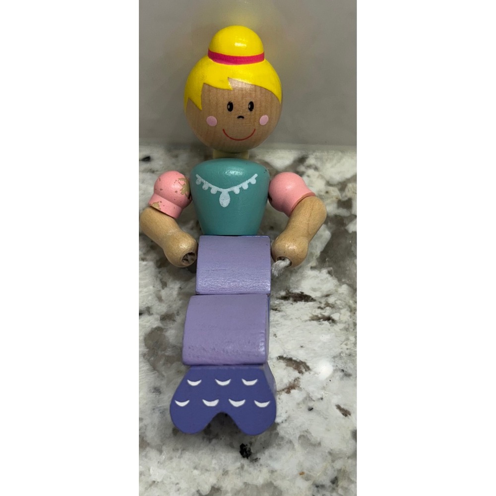 Wooden Mermaid Doll Toy Articulated‎ Figure Girl Blonde Hair Purple Tail